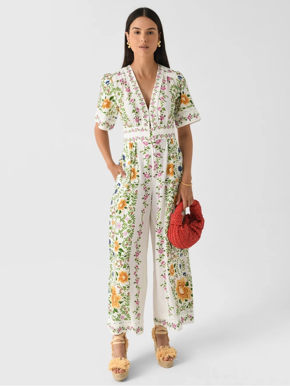 Farm Rio Folk Floral Linen Blend Short Sleeve Wide Leg Jumpsuit